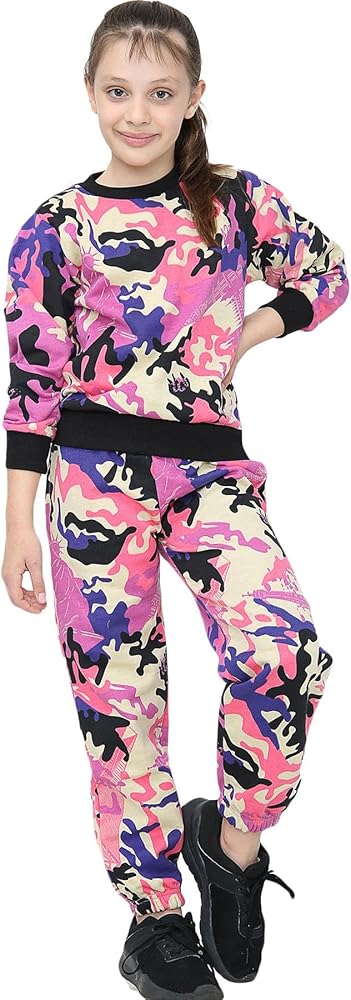 Kids Girls Boys Camouflage Baby Pink Crew Neck Tracksuit Sweatshirt Jogging Suit