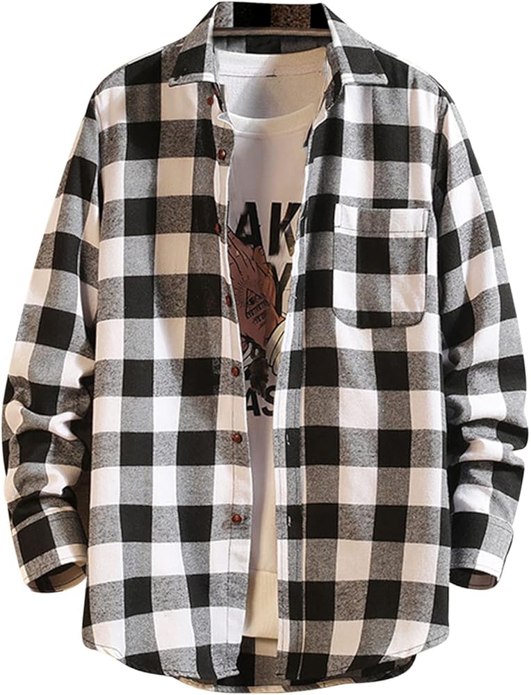 Teen Boys Plaid Shirts Casual Button Down T-Shirts Lapel Long Sleeve Shacket Jackets Mens Tee Tops with Front Pocket