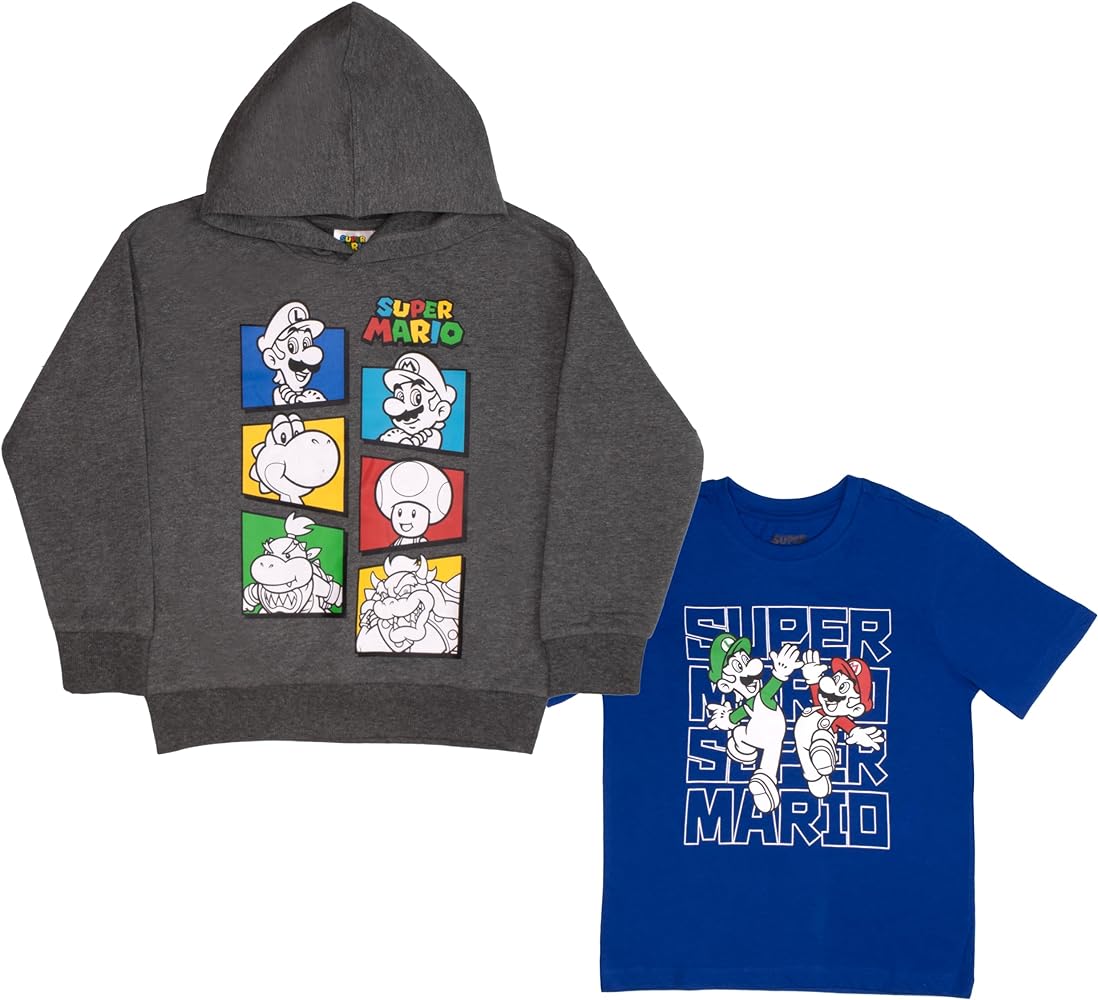 Nintendo Super Mario Hoodie and T-Shirt Combo 2-Pack for Boys, Boys Super Mario Hooded Sweatshirt and Tee Bundle Set