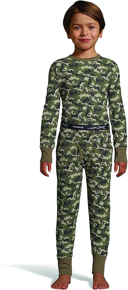 Hanes Boy's Waffle Knit Thermal Set with FreshIQ, X-Temp Technology & Organic Cotton (Camo, Large)