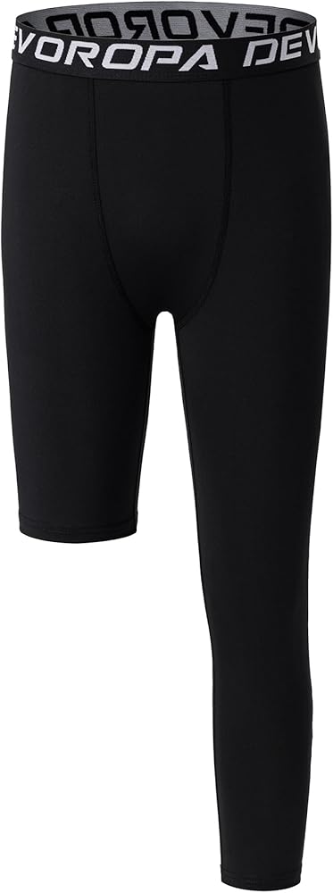 DEVOROPA Youth Boys One Leg Compression Pants for Basketball 3/4 Leggings Sports Tights Kids Athletic Soccer Base Layer