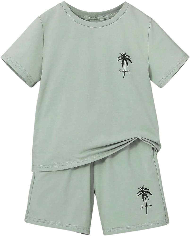 Boy's Shorts Sets 2 Piece Tropical Print Short Sleeve Round Neck Pullover Tee Top and Drawstring Track Shorts