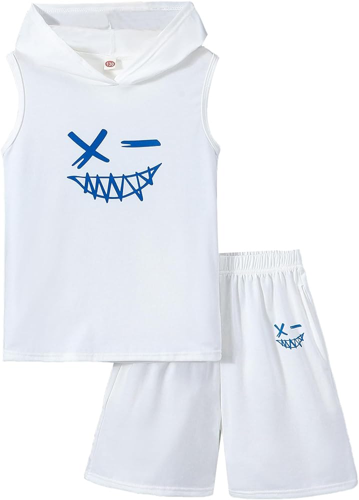 Boys 2PCS Hooded Summer Sleevless Tank Top and Drawstring Elastic Waist Shorts Sport Clothing Sets