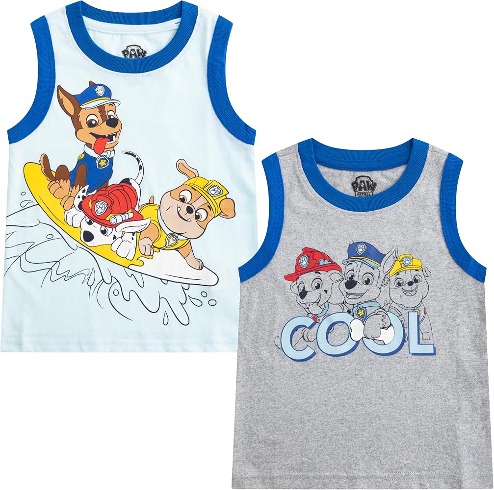 Paw Patrol Nickelodeon Marshall, Rubble and Chase Boys’ Tank 2 Pack for Toddler and Little Kids – Grey/White