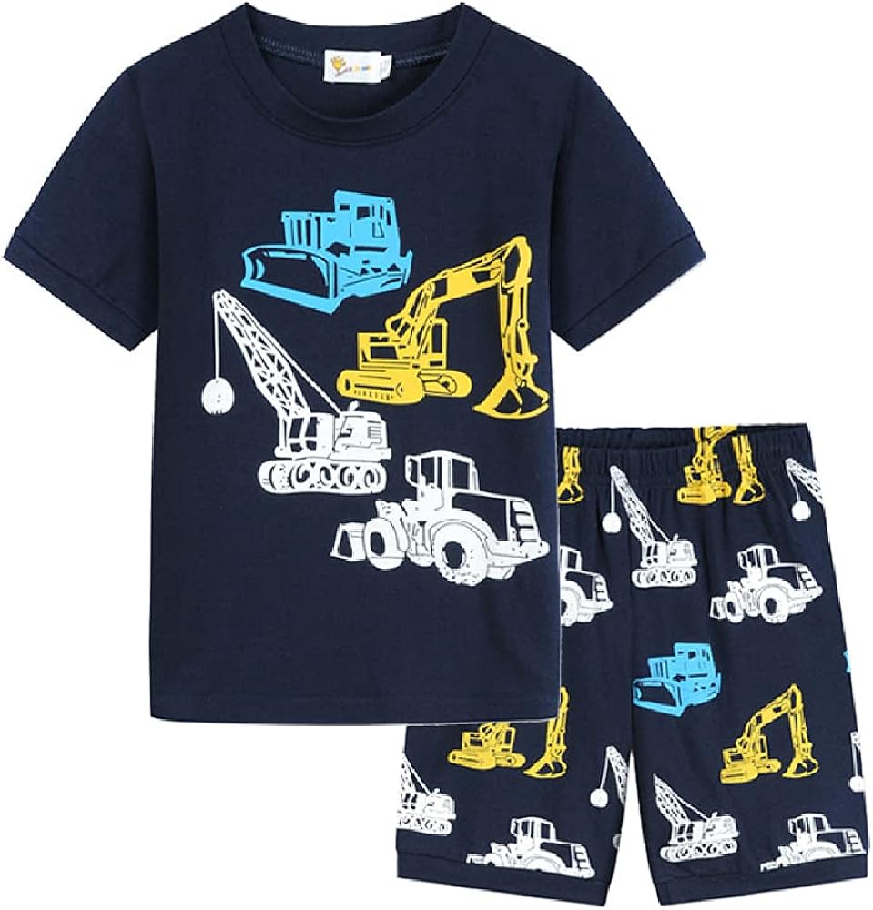 Queny New Children's T-Shirt Suits,Spring and Summer Boys' Cartoon Construction Vehicle Printed Two-Piece Suits.