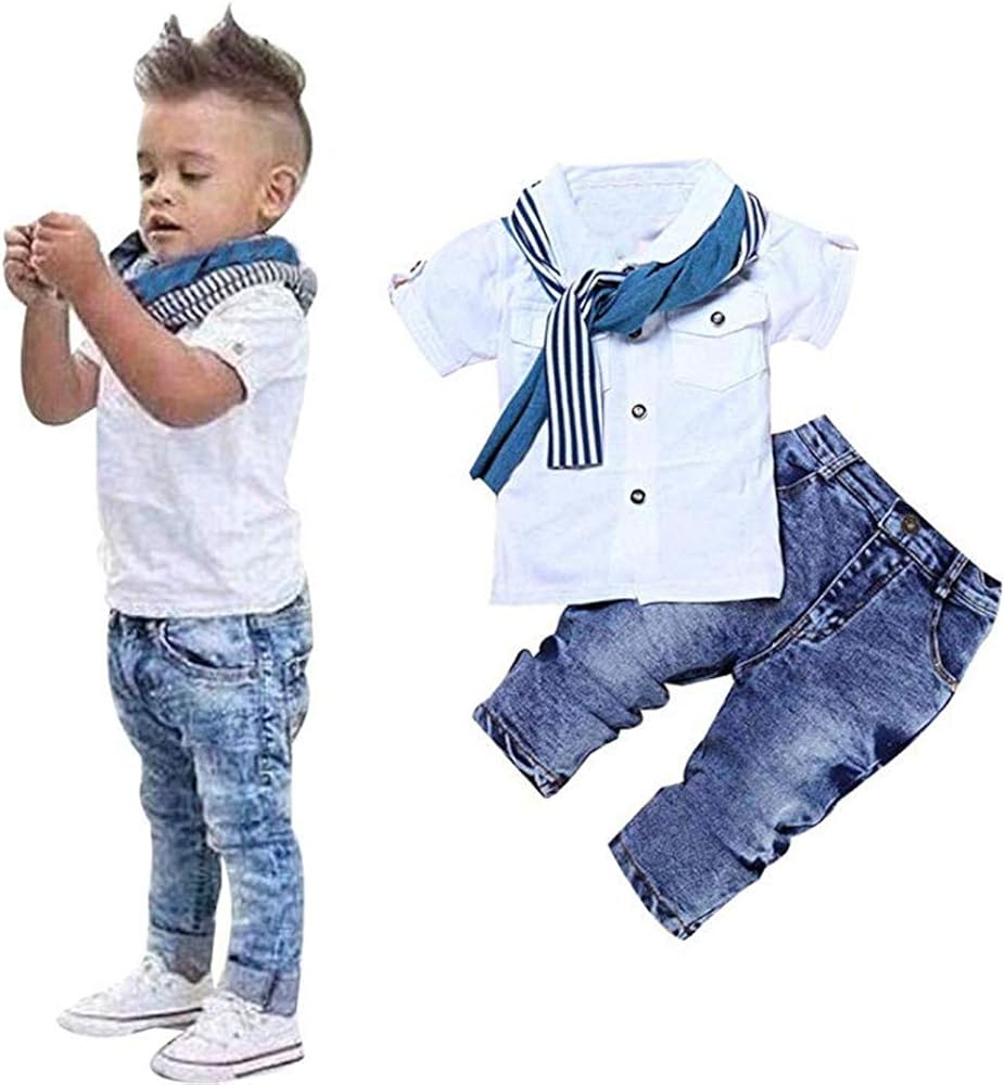 3Piece Kids Clothing Boys Casual Outfits Set,Short Sleeved Button Down Shirt and Denim Jeans Clothing Suit