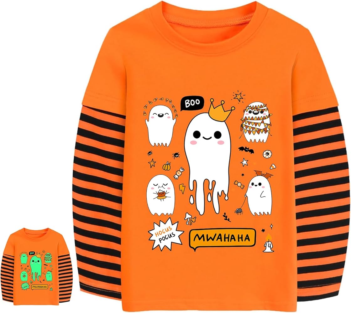 Halloween Shirts for Toddler Boys Girls Pumpkin Skeleton Tops Glow in The Dark Long Sleeve Graphic Stripe Patchwork Kids Tee