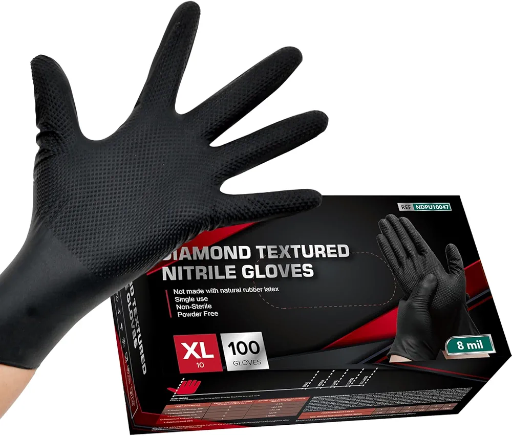 Basic Heavy Duty Nitrile Gloves, 8 Mil Black Mechanic Disposable Gloves X-Large with Raised Diamond Texture, Latex Free, Powder Free Industrial Automotive Work Gloves Box of 100