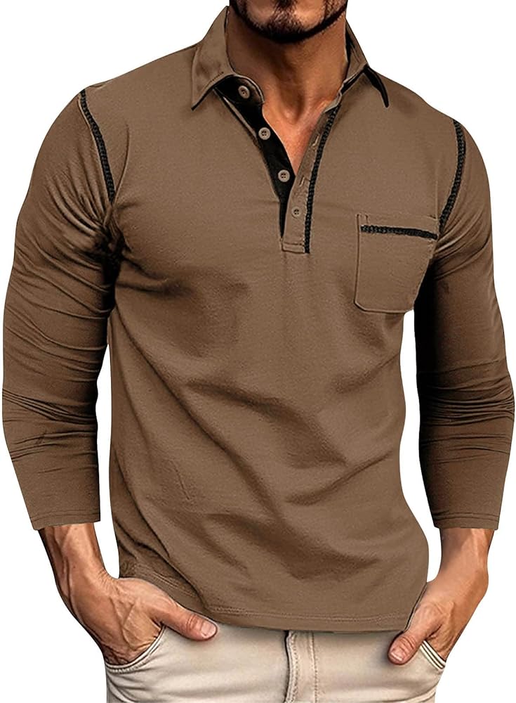 Men Clothes Casual Long Sleeve Polo Work-Out Comfort Stretchy Tops Lapel Button Up Solid Color Tops Lapel Pullover