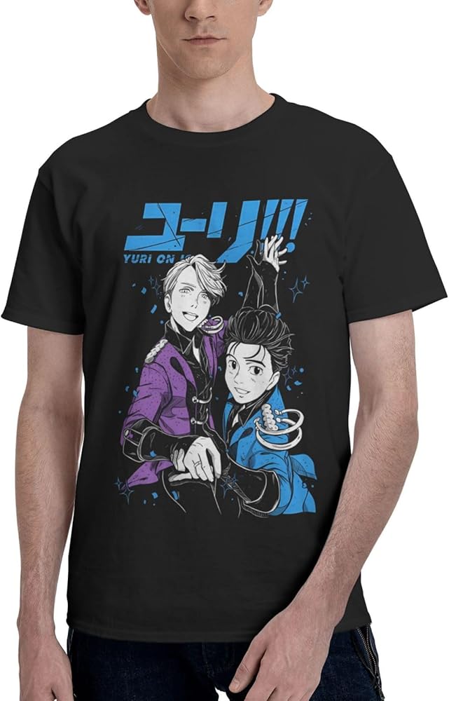 Anime T Shirts Yuri On Ice Mens Summer Cotton Tee Crew Neck Short Sleeve Tees Black