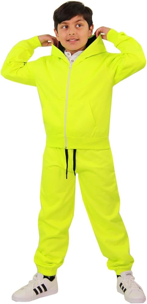 Plain Tracksuit Contrast Fleece Hoodie with Joggers - T.S Contrast Trim Neon Green Black11-12.