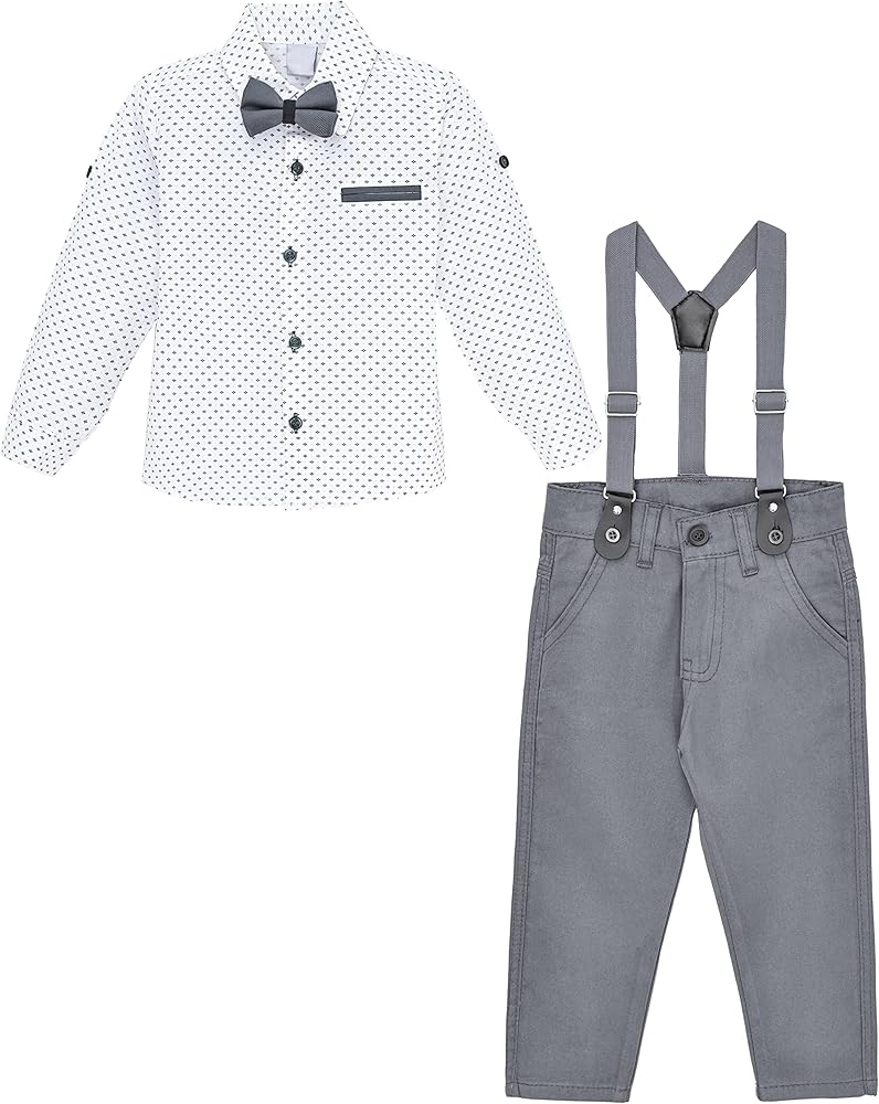 Lilax Boys Wedding Outfit, Toddler & Young Boys' Fashion Set, Dress Shirt, Bowtie and Suspenders, Pant Set 4 Pcs