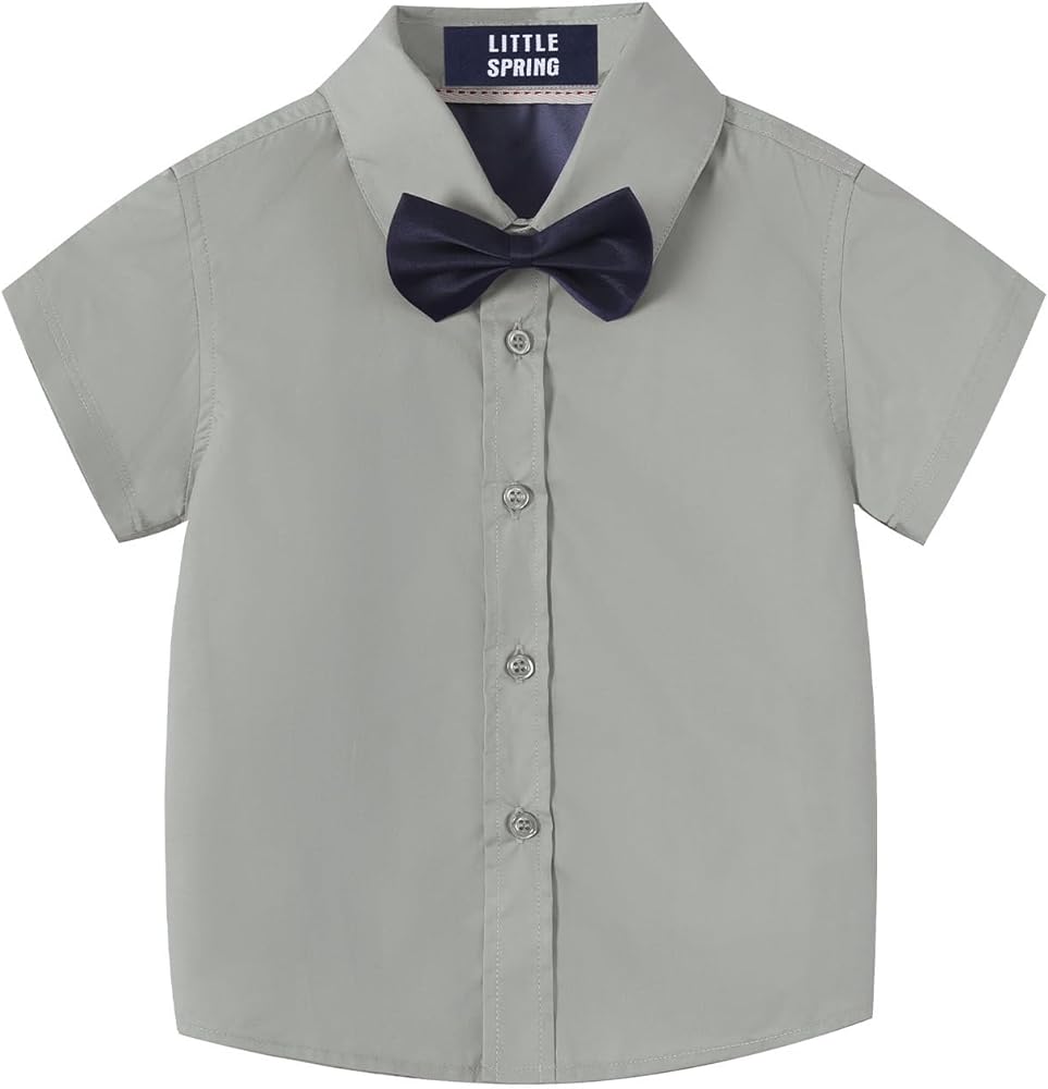 LittleSpring Boys Button Down Short Sleeve Dress Shirt with Bow Tie