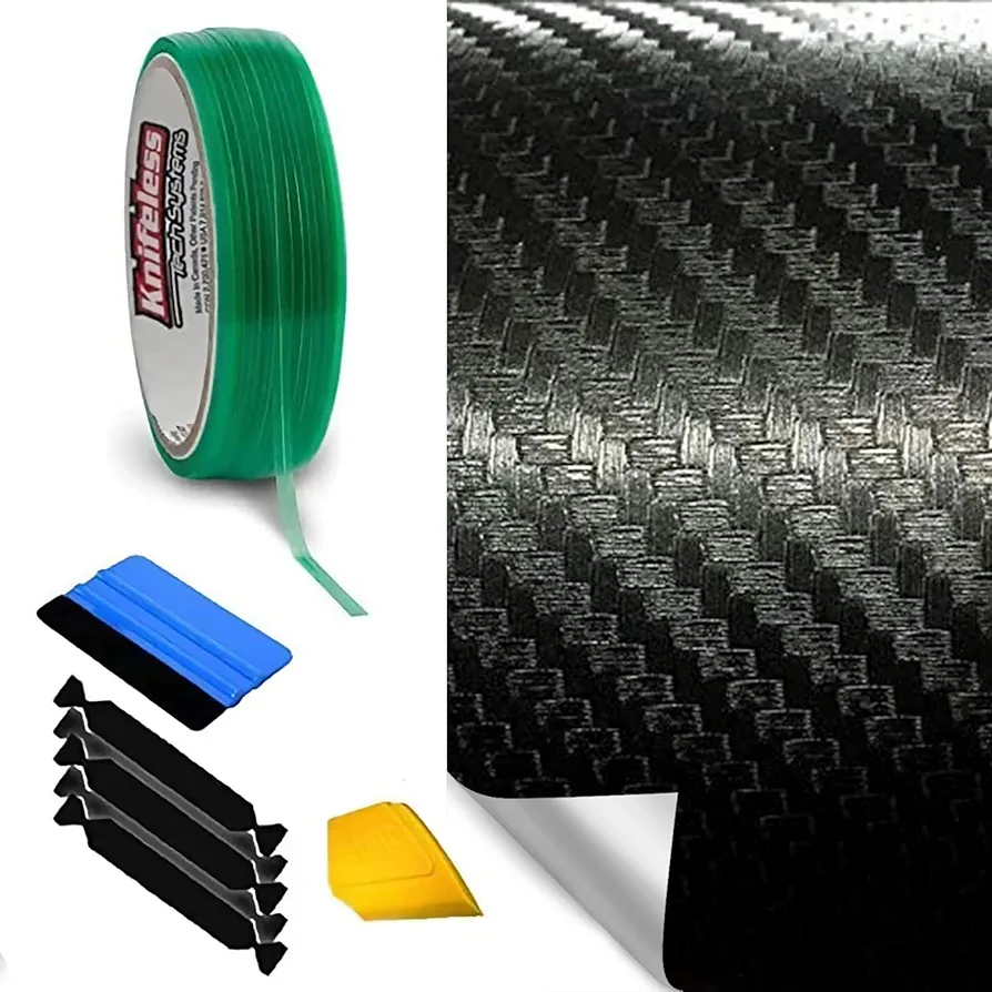 VViViD Black Carbon Fiber Automotive Vinyl Roll (1ft x 5ft) + Knifeless Cutting Tape (10m) with Toolkit - M0