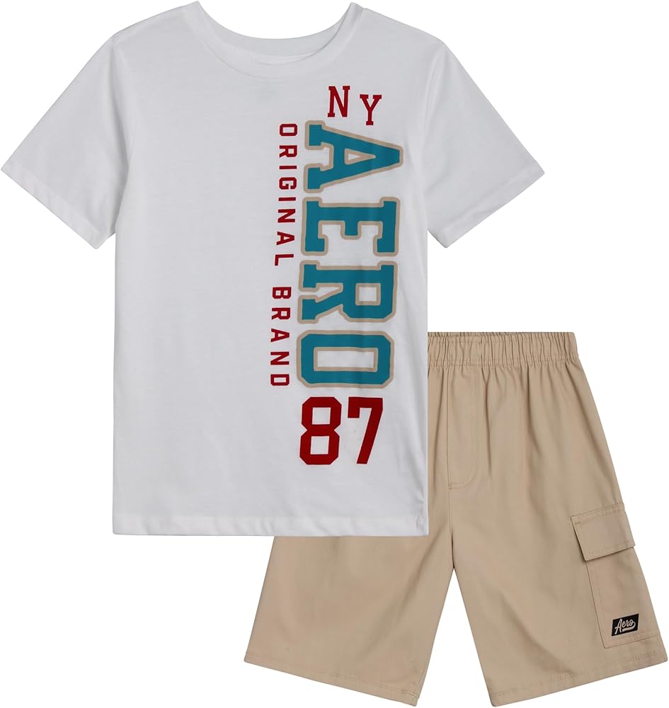 AEROPOSTALE Boys' Shorts Set - 2 Piece Short Sleeve Graphic Tee and Pull On Cargo Shorts - Trendy Boys' Clothing Sets (4-16)