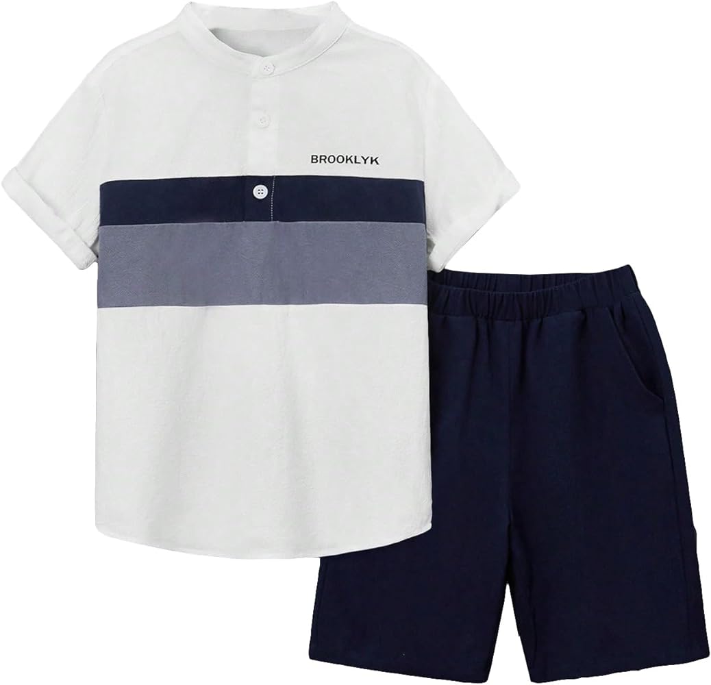 COZYEASE Boy's Casual 2 Piece Outfits Letter Print Color Block Short Sleeve Tee Shirt and Shorts Loose Summer Set Blue and White 11-12Y-CESTT20240807