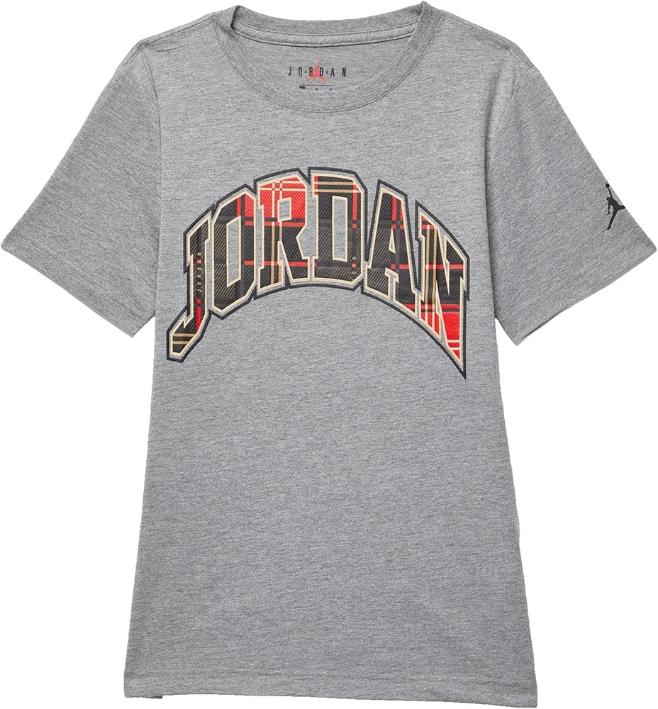 Jordan Boy's Essentials Plaid Short Sleeve Tee (Big Kids) Carbon Heather MD (10-12 Big Kid)