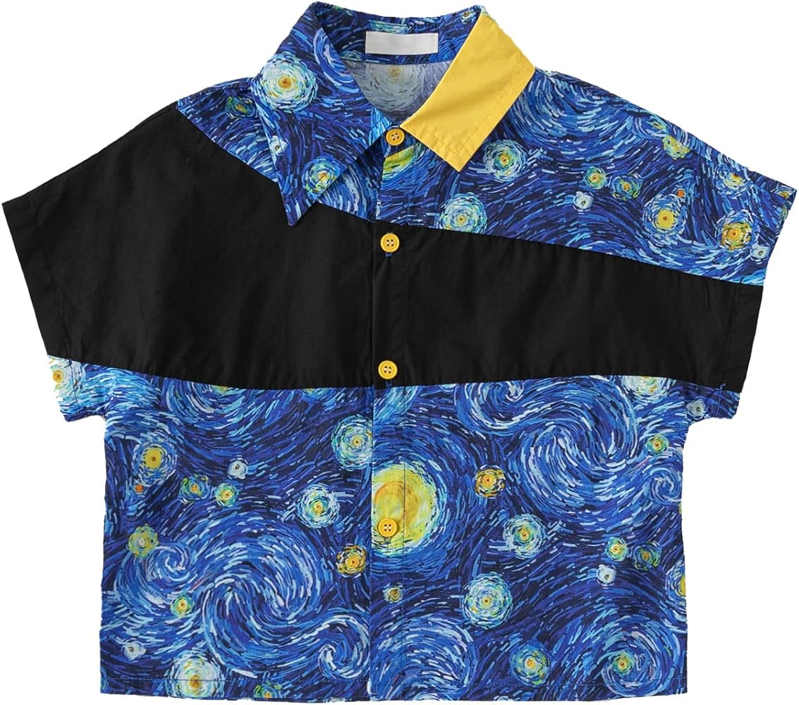 Toddler Boys Button Down Shirt The Starry Night Short Sleeve Dress Shirts Asymmetrical Collar Hawaiian Loose Summer Tops Tees