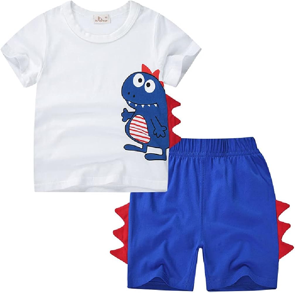 Quenny Cute Cartoon Printed Boys' Short-Sleeved Suit,New Korean Style Summer Three-Dimensional Dinosaur Two-Piece Suits.