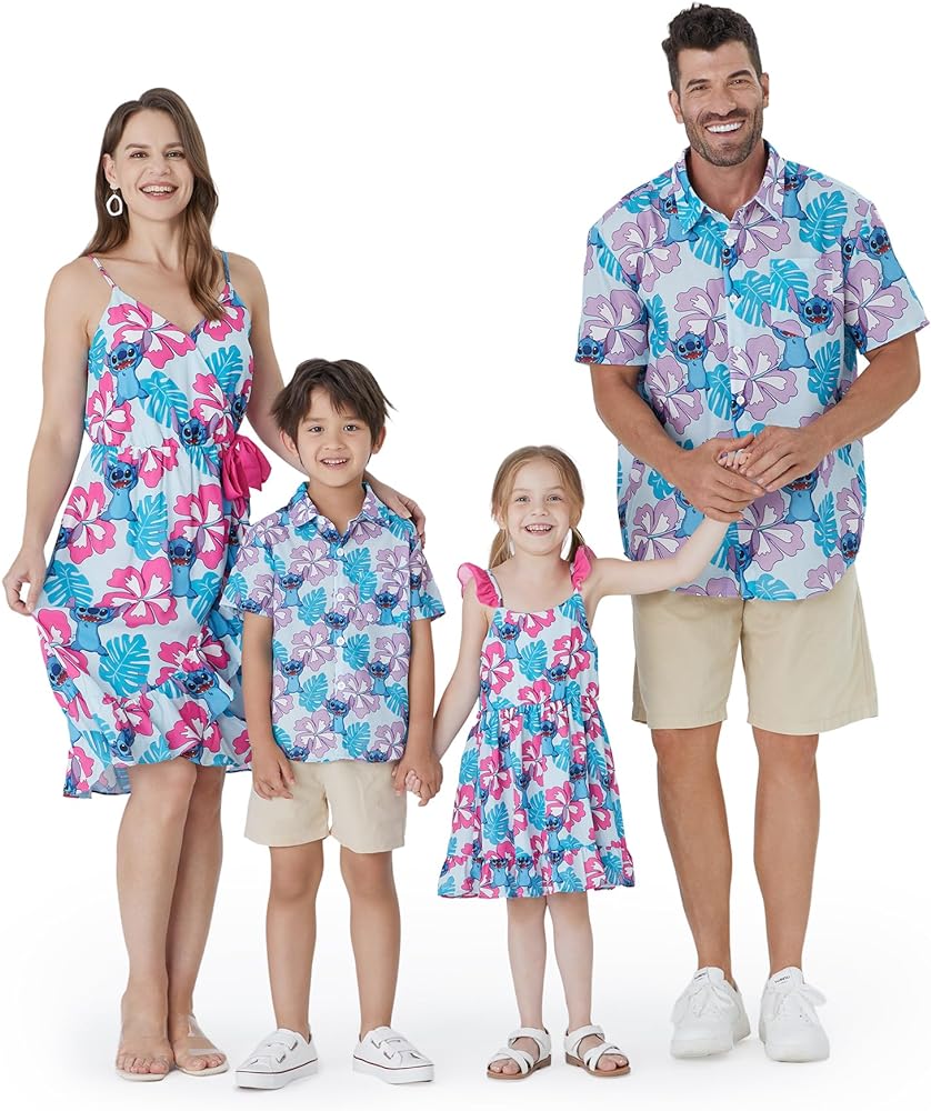 Disney Stitch Matching Family Outfits Mommy and Me Cami Dress Hawaiin Summer Casual Sundress and Botton Down Shirts Set Blue