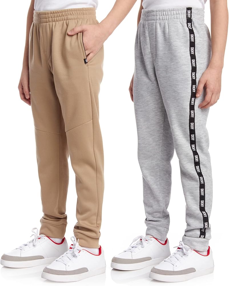 DKNY Boys’ Sweatpants – 2 Pack Basic Active Fleece Jogger Pants (Size: 8-16), Size 12, Khaki