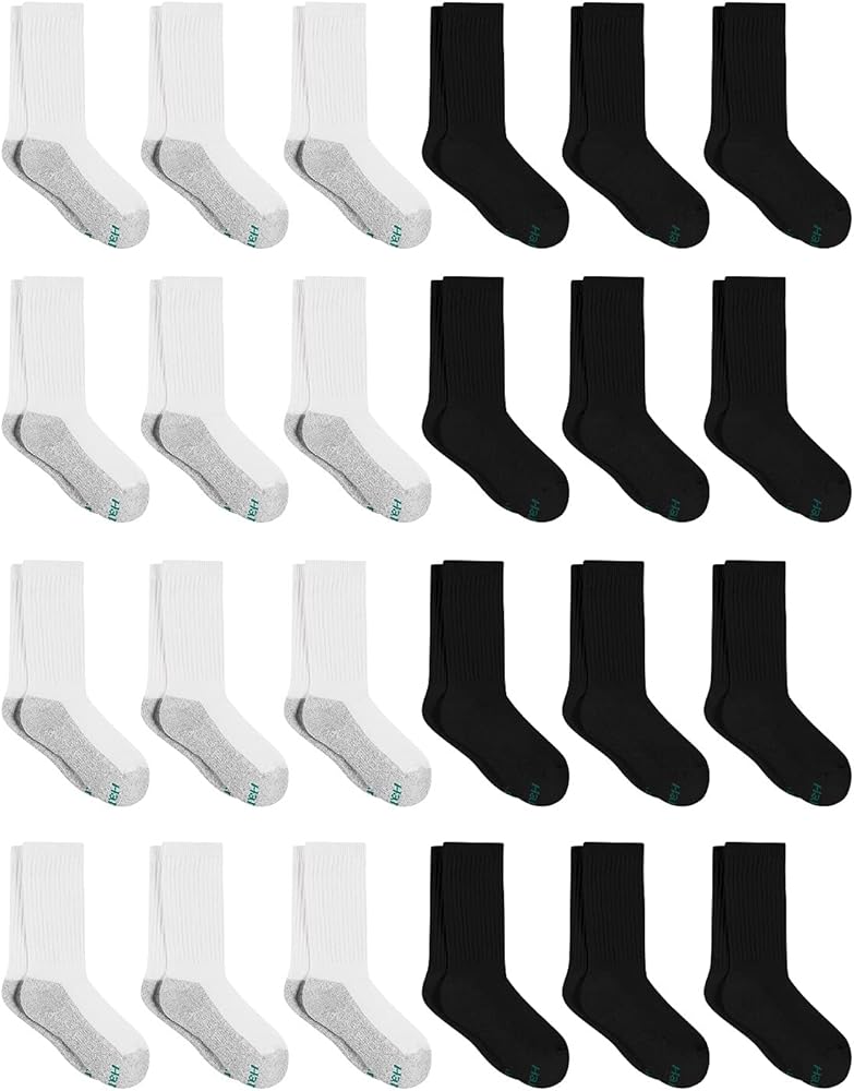 Hanes Boys' Crew Socks Pack, Socks for Boys Age 5-12, Stretch Cotton Socks, Comfortable Cushioned Crew Socks, 24-Pack