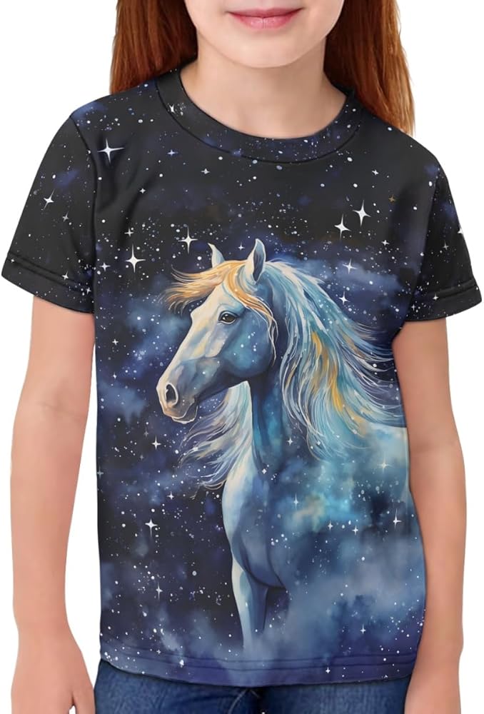 GLUDEAR Kids Tops Tees Girl Boy Novelty 3D Graphic O-Neck Short Sleeve Casual Pullover Blouse T-Shirt,Galaxy Horse Paint,7-8