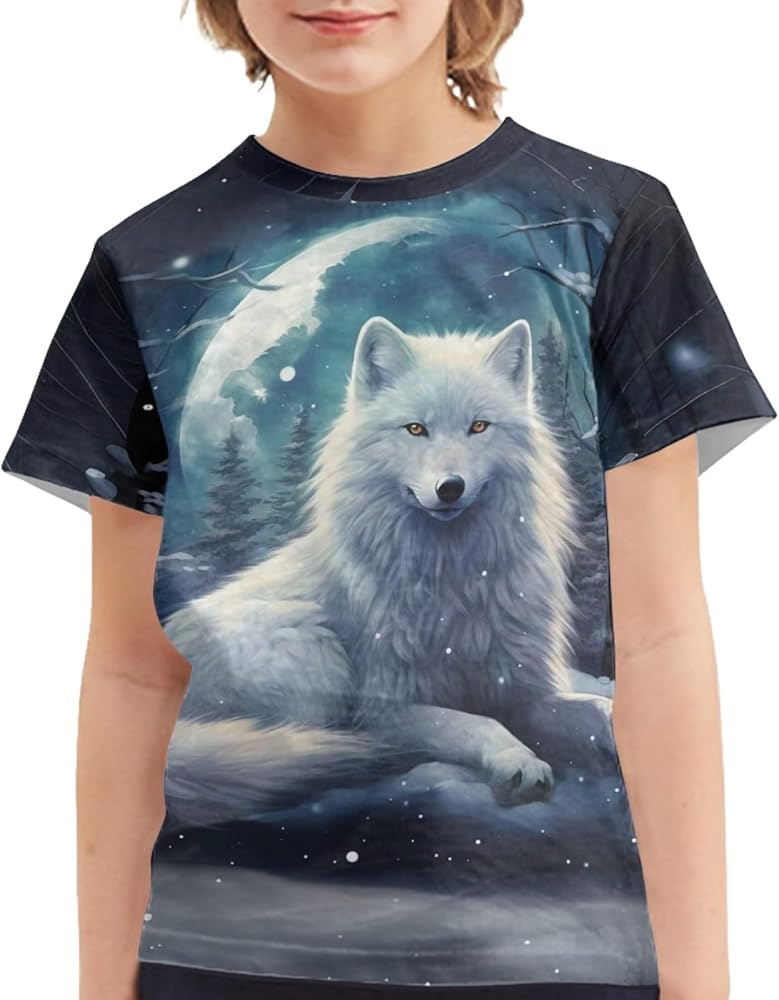 Boy's Girls 3D Wolf Printed Tee Cool Animal Crew Neck Short Sleeve T-Shirts Top