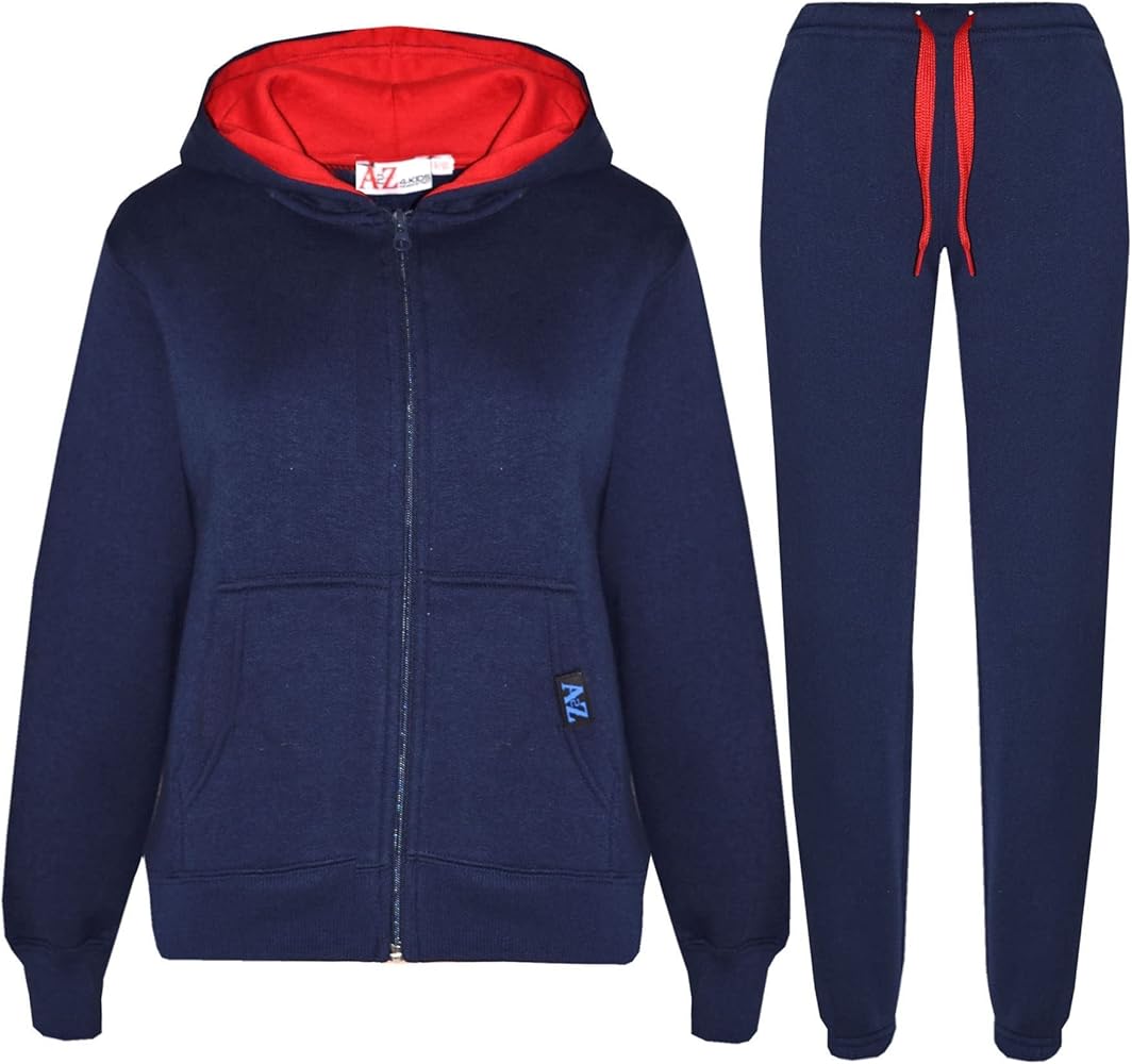 Plain Tracksuit Contrast Fleece Hoodie with Joggers - T.S Contrast Trim Navy & Red 7-8.