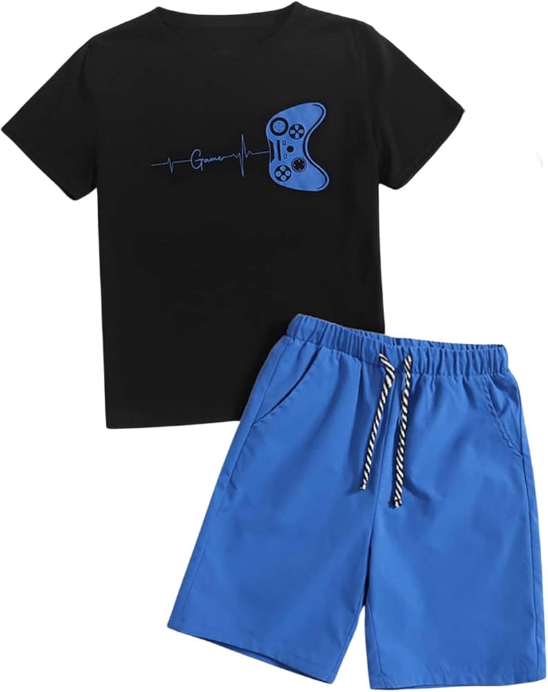 SweatyRocks Boy's 2 Piece Summer Outfits Graphic Pattern Crew Neck Tee Shirt and Shorts Clothing Set