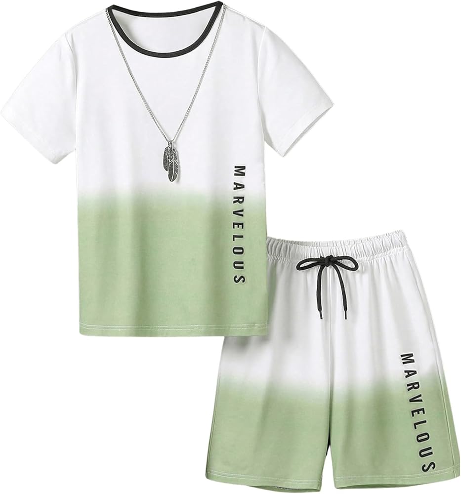 Floerns Boy's 2 Piece Outfits Letter Print Short Sleeve Tee & Drawstring Waist Track Shorts Set