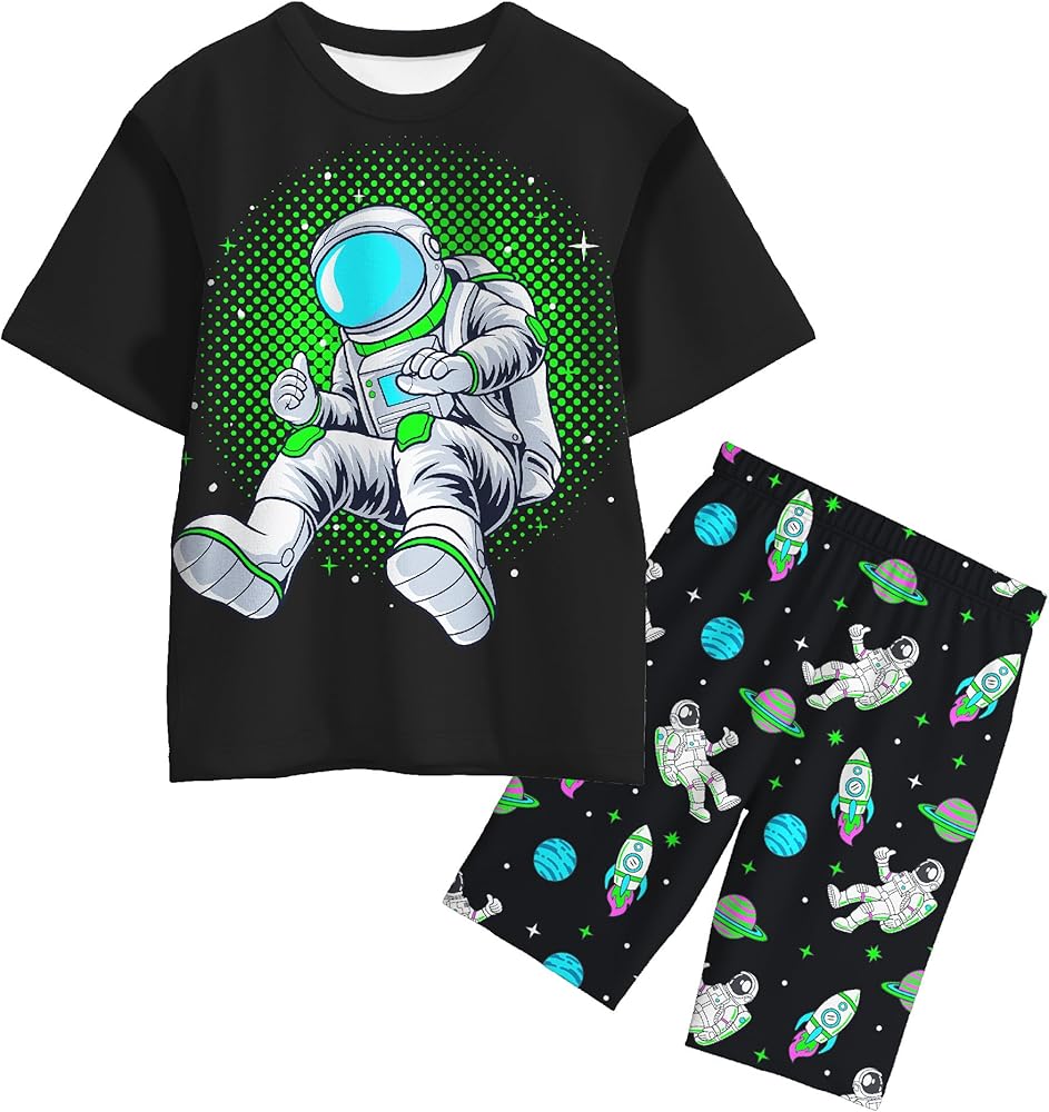 Boys Dinosaur Short Set Luminous Boys Reflective 2PCS Astronaut Summer Clothing Pant Sets for Kids 4-12 Years