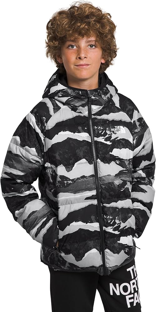 THE NORTH FACE Boys Reversible North Down Hooded Jacket, M, TNF Black Mountain Traverse Print