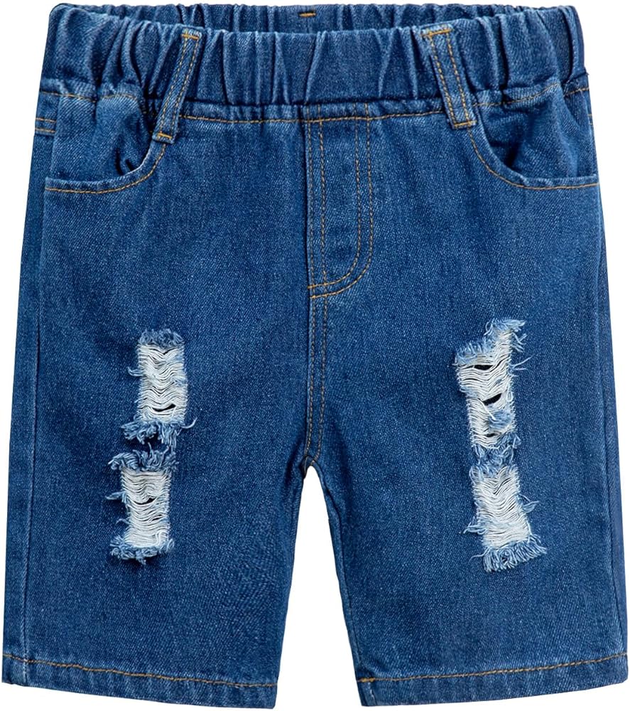 LittleSpring Boys Pull On Elastic Waist Ripped Denim Shorts