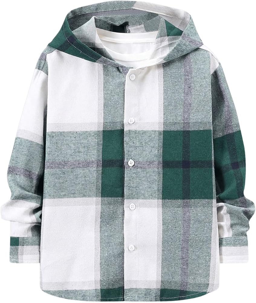 Verdusa Boy's Plaid Pattern Hooded Neck Shirt Button Down Long Sleeve Top