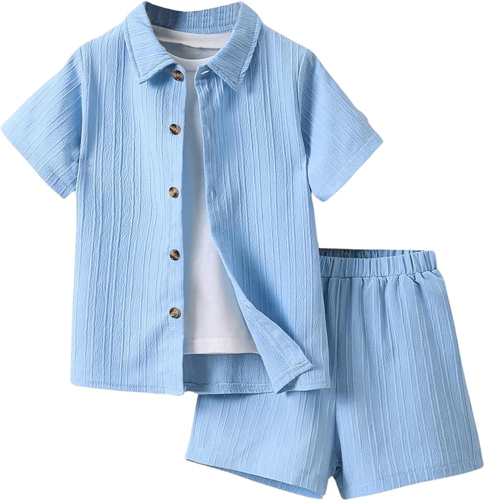 Boys 2 Piece Solid Textured Short Sleeve Collar Neck Button Front Blouse Shirt Top and Shorts Sets