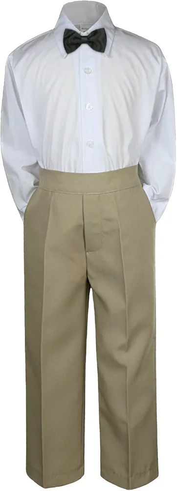 3pc Formal Baby Teens Boys Black Bow Tie Khaki Pants Sets Suits S-7 (7)