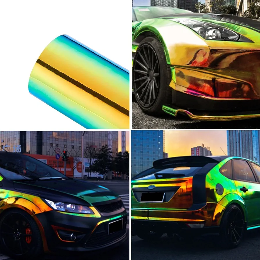 Holographic Laser Metallic Orange Green Car Vinyl Wrap Chameleon Chrome Self Adhesive Vinyl Wrap Multi Color Change DIY Car Body Film, 53.14'' x 23.62''