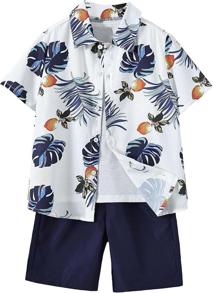 Verdusa Boy's 2 Piece Outfit Tropical Print Short Sleeve Shirt with Elastic Waist Short Set