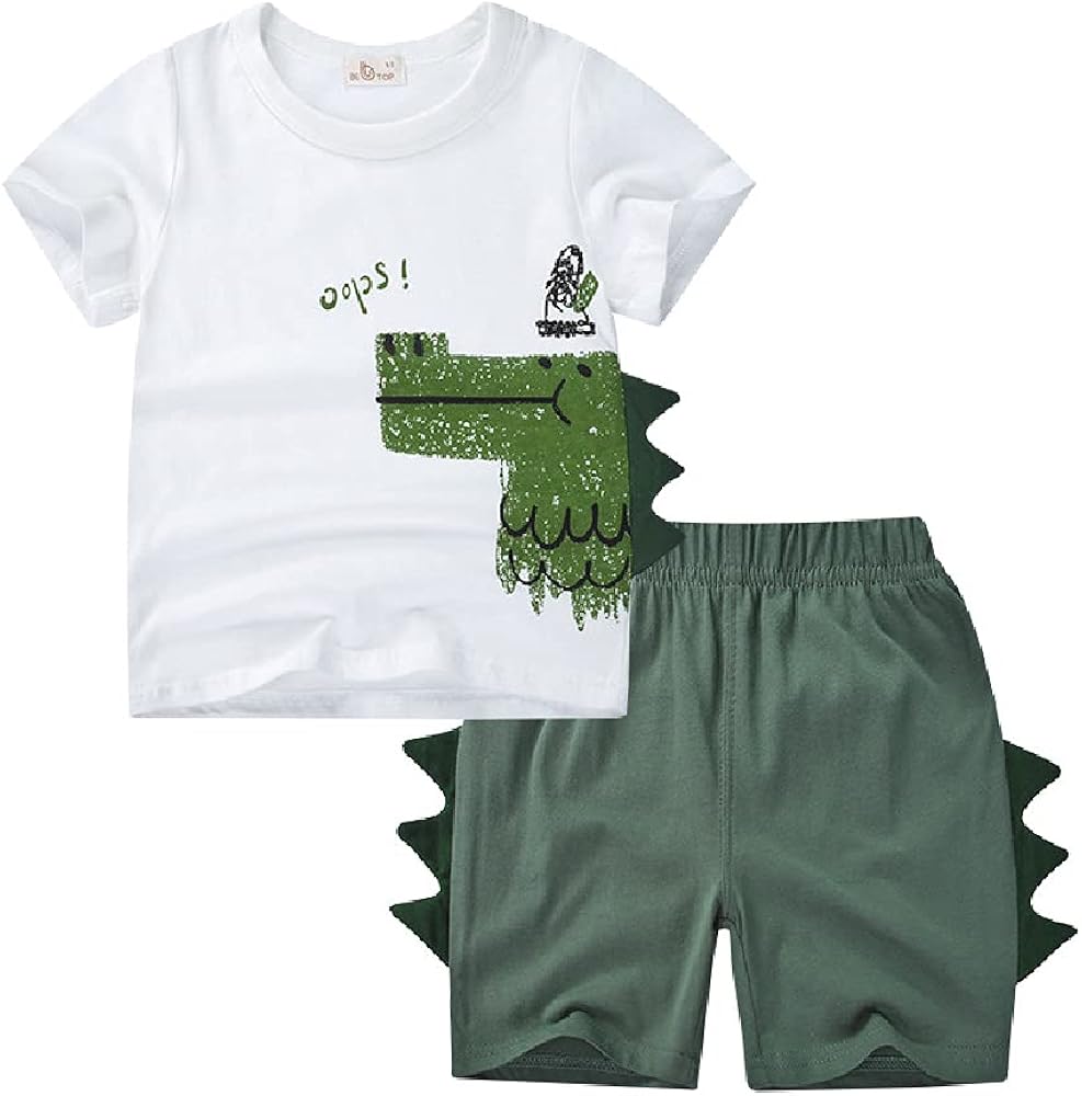 Quenny Cute Boys' Cartoon Printed Short-Sleeved Suits,New Summer Children's Korean Style Dinosaur Two-Piece Suits.