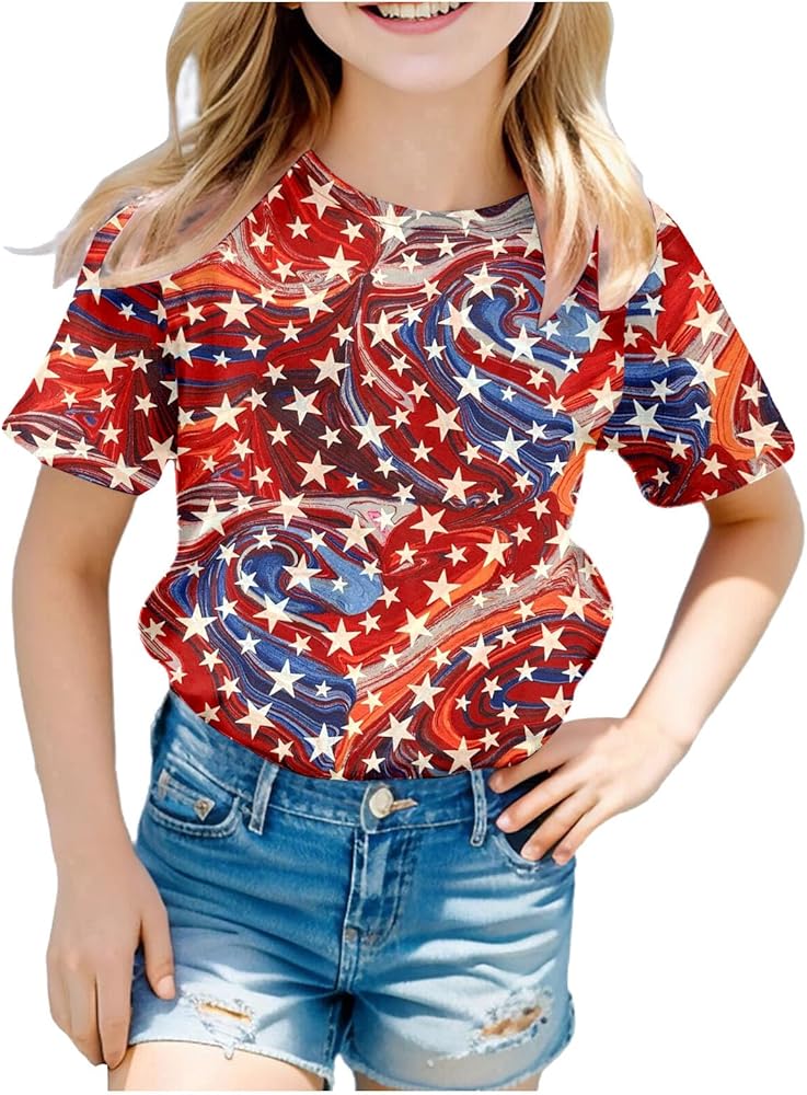 Toddler Boy Girl Fourth of July Shirt Stars Striped T-Shirts Novelty Short Sleeve Round Neck Independence Day Tops Tees 3-10 Years,Toddler Fourth of July Shirt Boy,4Th of July Kids Shirts Red