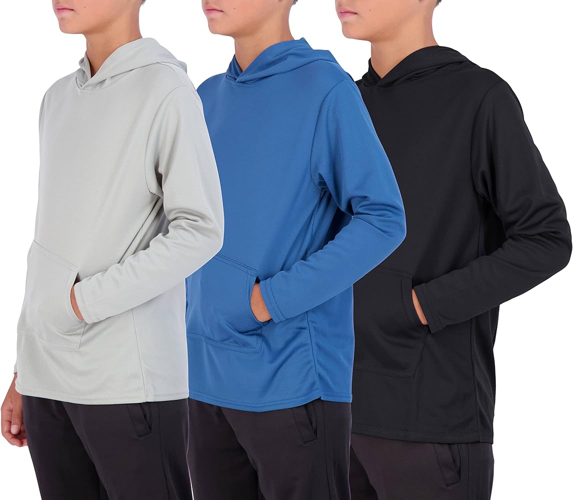 Real Essentials 3 Pack: Youth Mesh Long Sleeve Pullover Hoodie Active Sweatshirt - Kangaroo Pocket - Boys & Girls