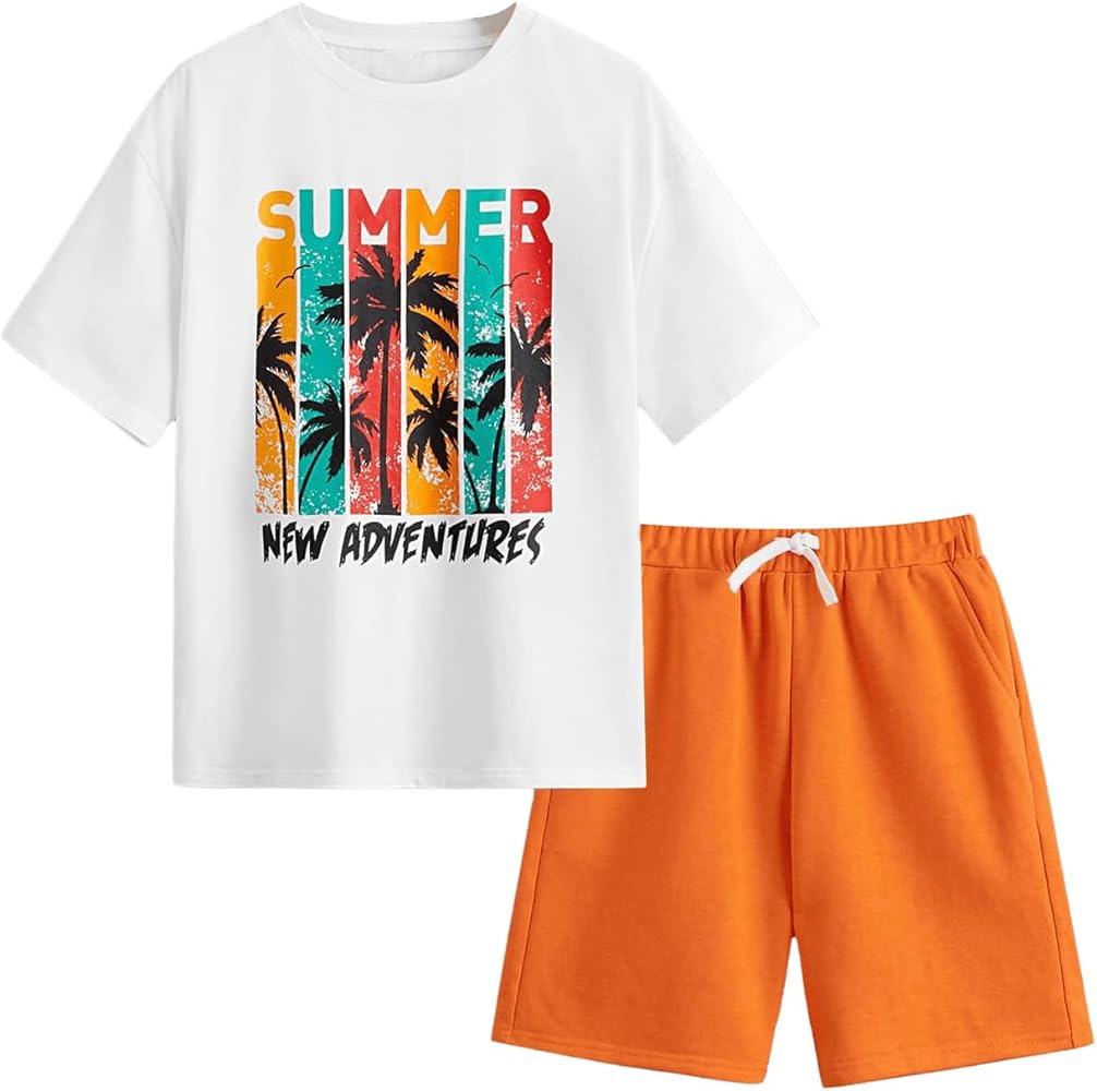 Verdusa Boy's 2 Piece Outfit Summer Short Sleeve Graphic Tee and Shorts Tracksuit Set