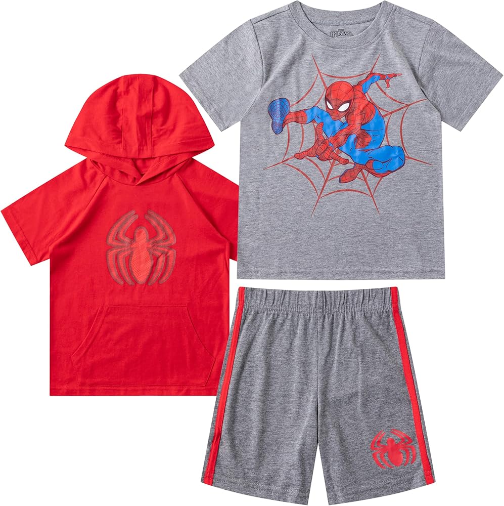 Marvel Spiderman Boys’ T-Shirt, Hooded T-Shirt and Shorts Set for Toddler and Little Kids – Red/Grey