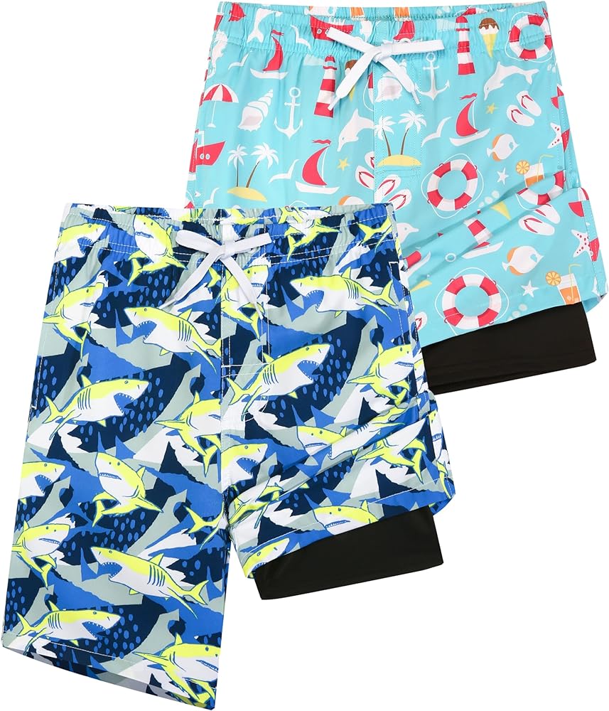 Rolimaka 2 Pack Boys Swim Trunks with Compression Liner Anti Chafe Bathing Suit Swim Shorts Quick Dry UPF 50+ Swimwear