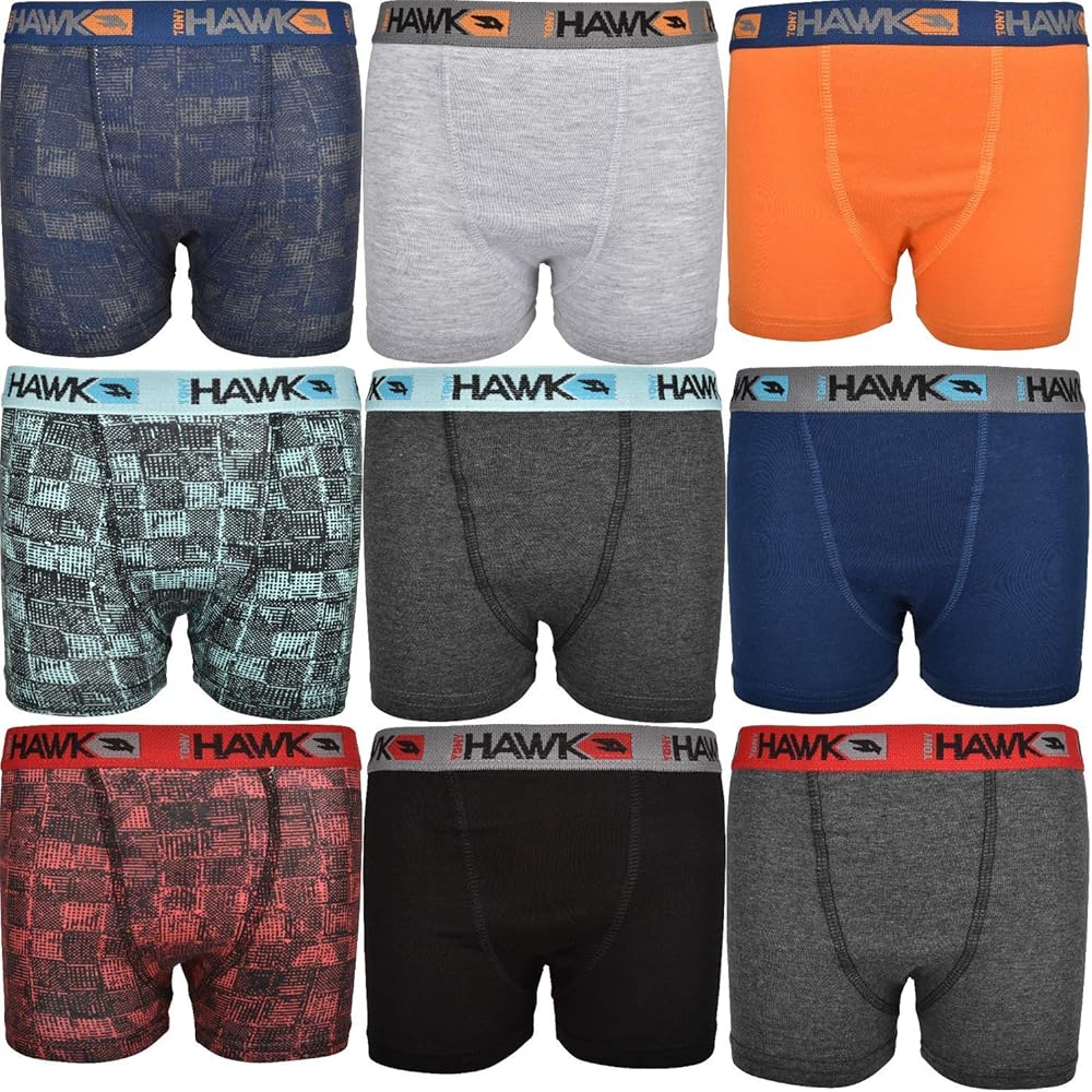 TONY HAWK Boys' Boxer Briefs 9-Pack Value Cotton Blend Toddler-Big Kid Sizes No Fly Underwear