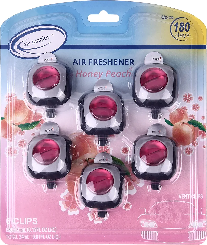 Air Jungles Honey Peach Scent Car Air Freshener Clip, 6 Vent Clips, 4ml Each, Long Lasting, Up to 180 Days Car Refresher Odor Eliminator