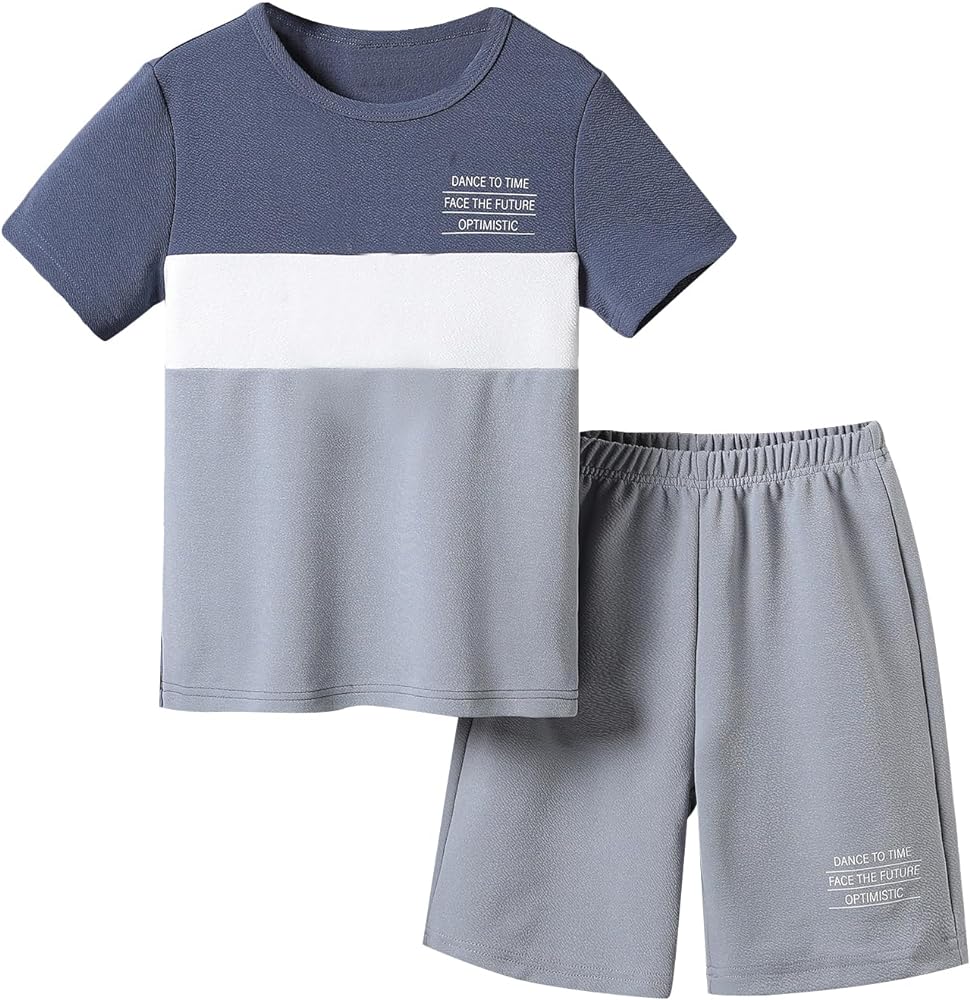 Boy's 2 Piece Outfits Casual Color Block Letter Print Short Sleeve Crewneck Tee and Shorts Set