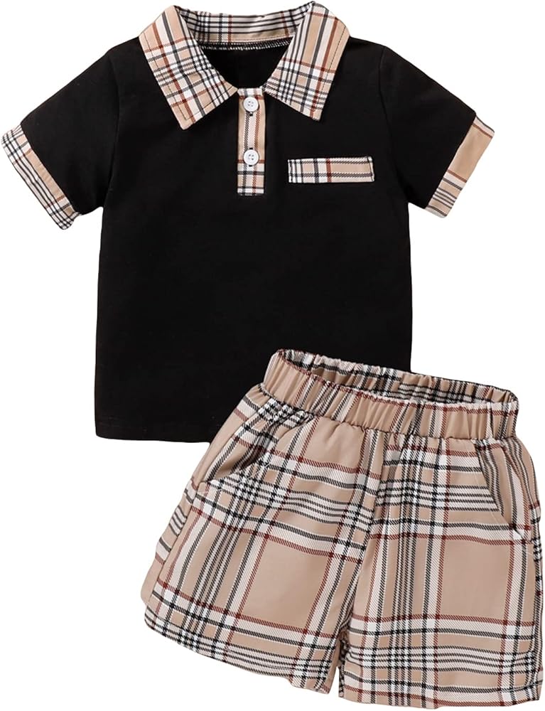 WDIRARA Toddler Boy's 2 Piece Outfit Plaid Short Sleeve Button Polo Shirt and Shorts Set