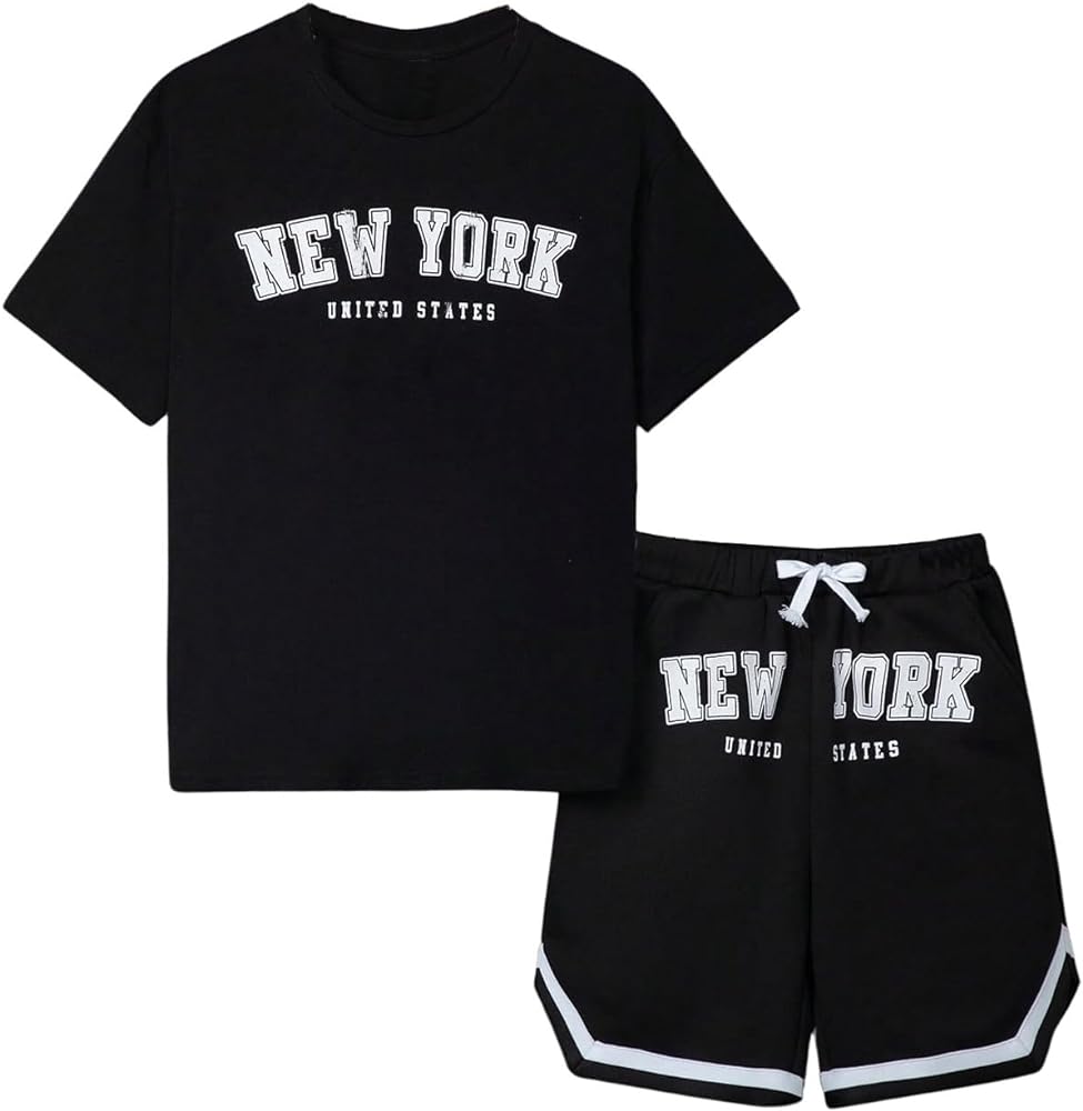 Verdusa Boy's 2 Piece Round Neck T Shirt and Drawstring Shorts Summer Outfits